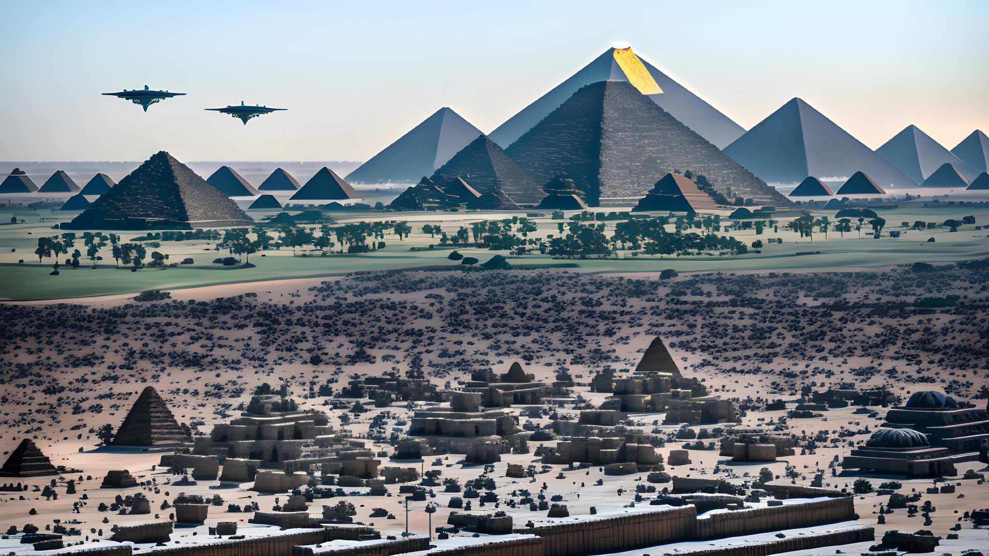 Futuristic desert landscape with glowing pyramids, flying crafts, and modern city