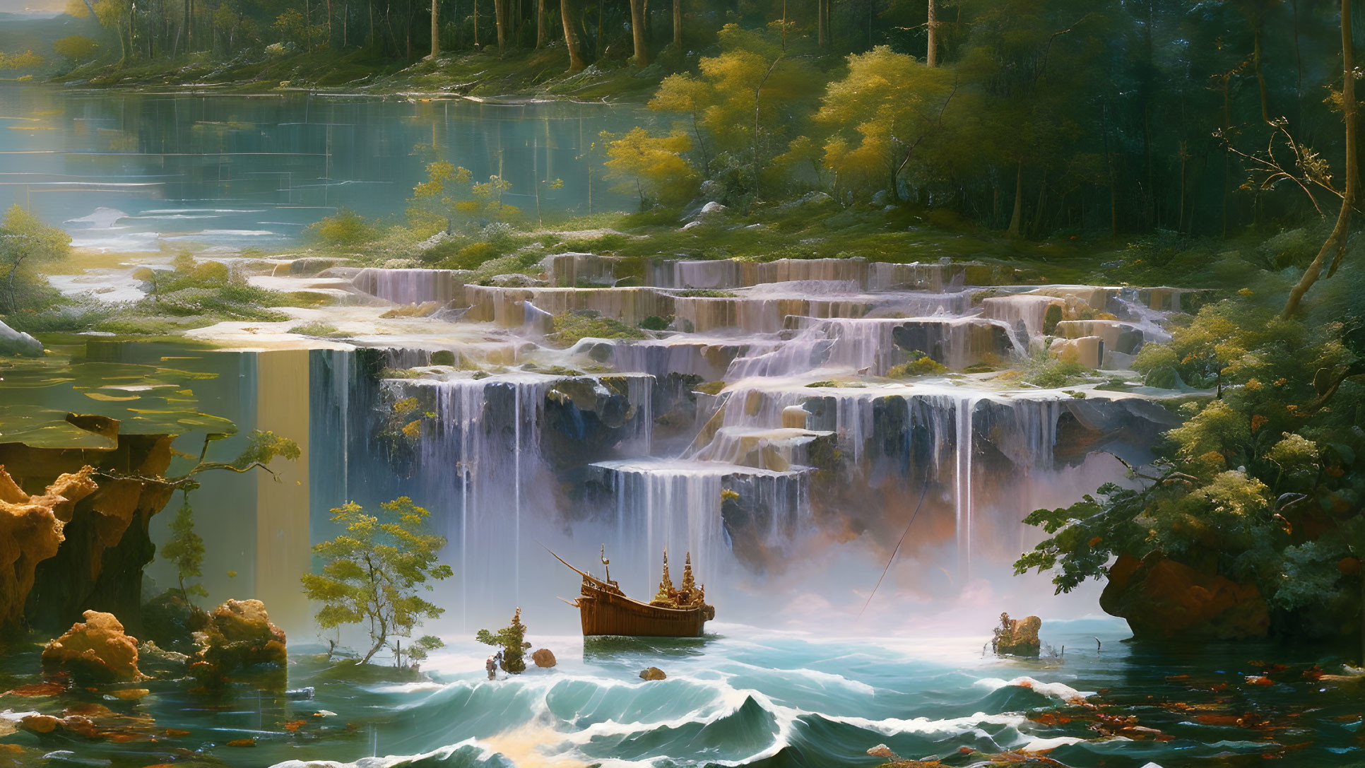 Tranquil painting of multi-tiered waterfall with lush trees and river boat