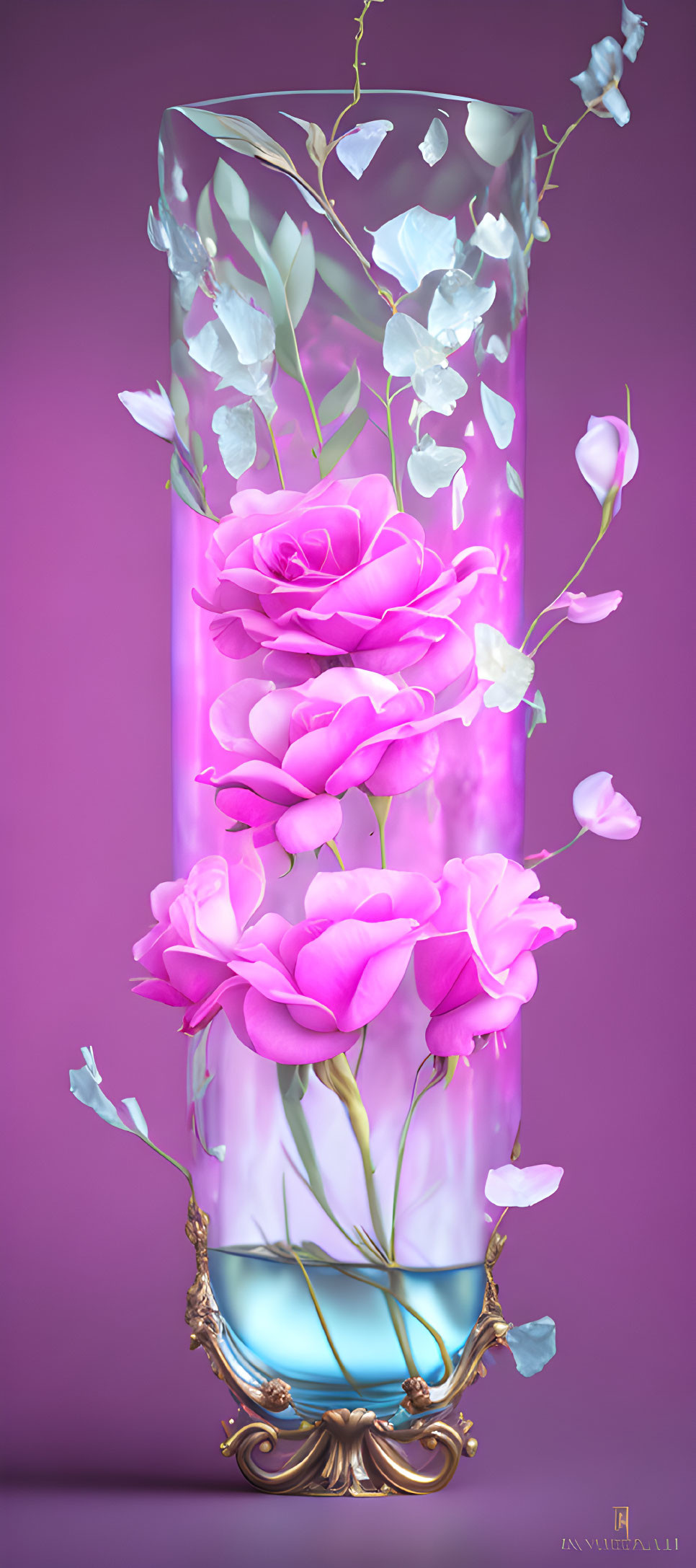 Ornate cylindrical vessel with pink roses and blue flowers on purple background