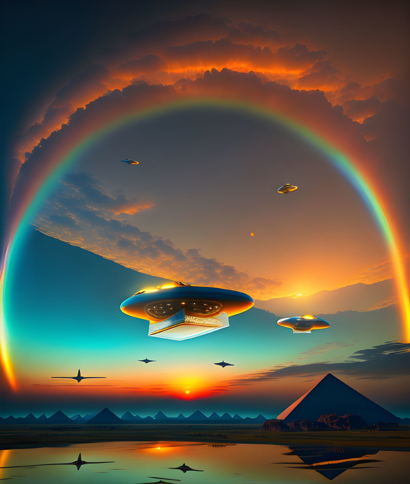 Vibrant rainbow over pyramids, flying saucers, and birds in surreal scene