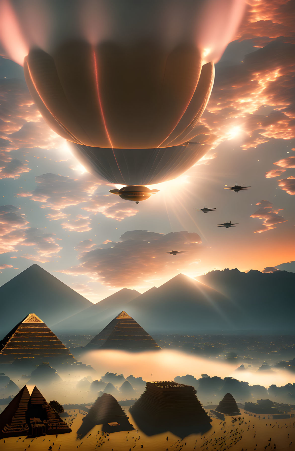 Hot air balloon over ancient pyramids at sunrise