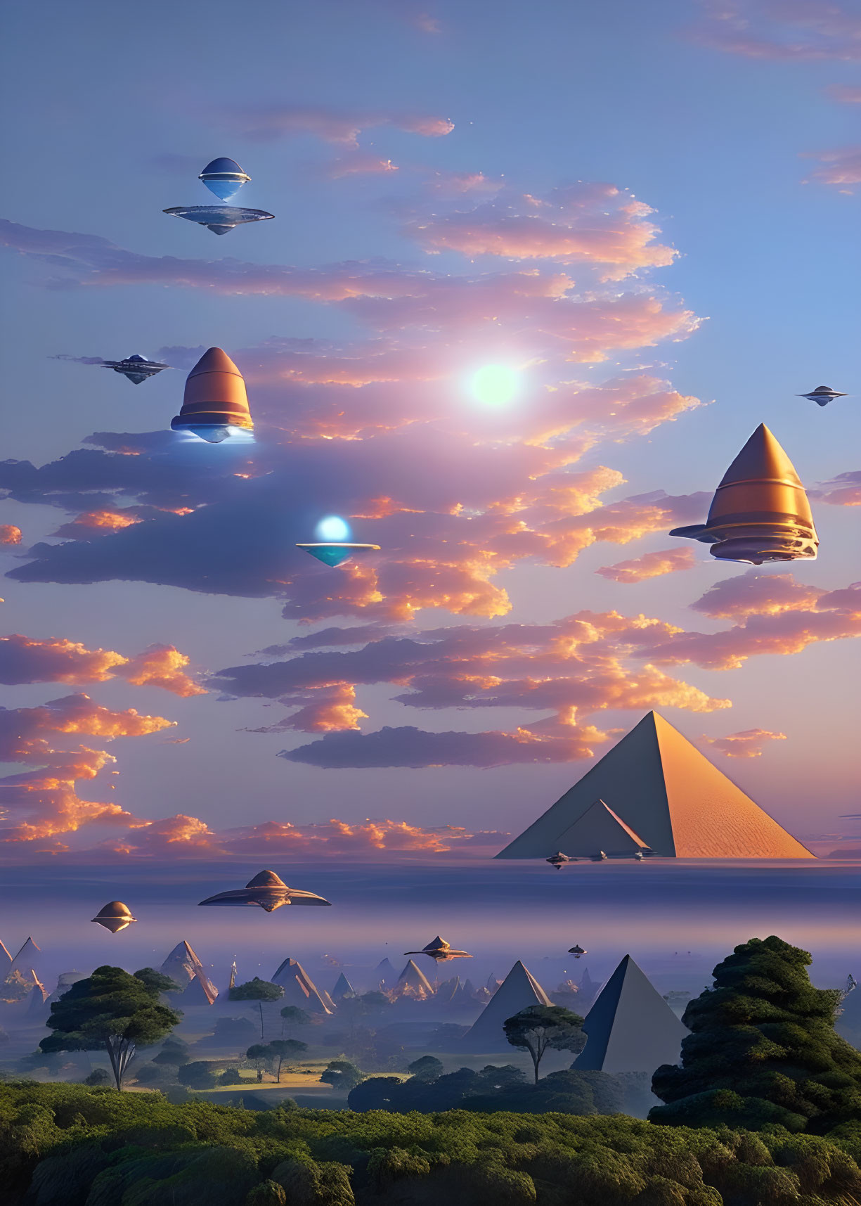 Surreal landscape with pyramids, lush forestry, multiple suns, and futuristic spacecraft