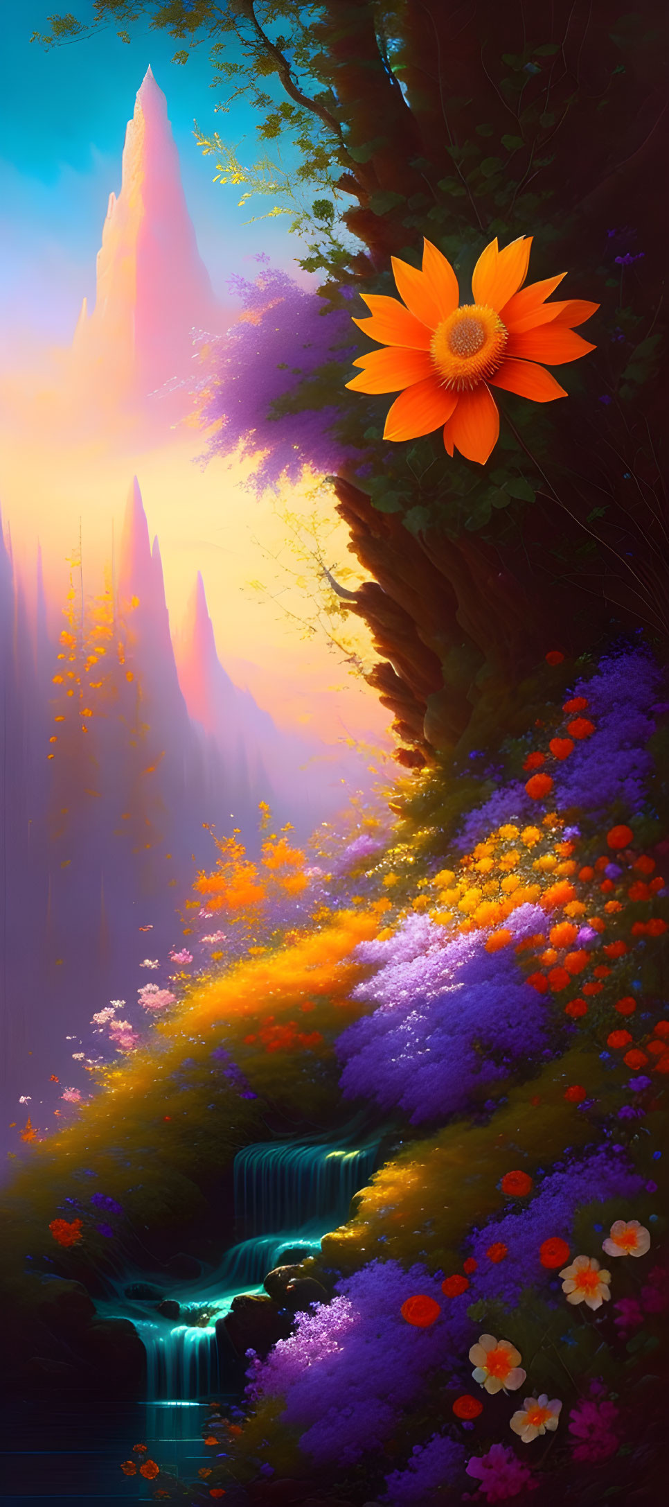 Fantasy landscape with waterfall, flowers, cliffs, and sunlight