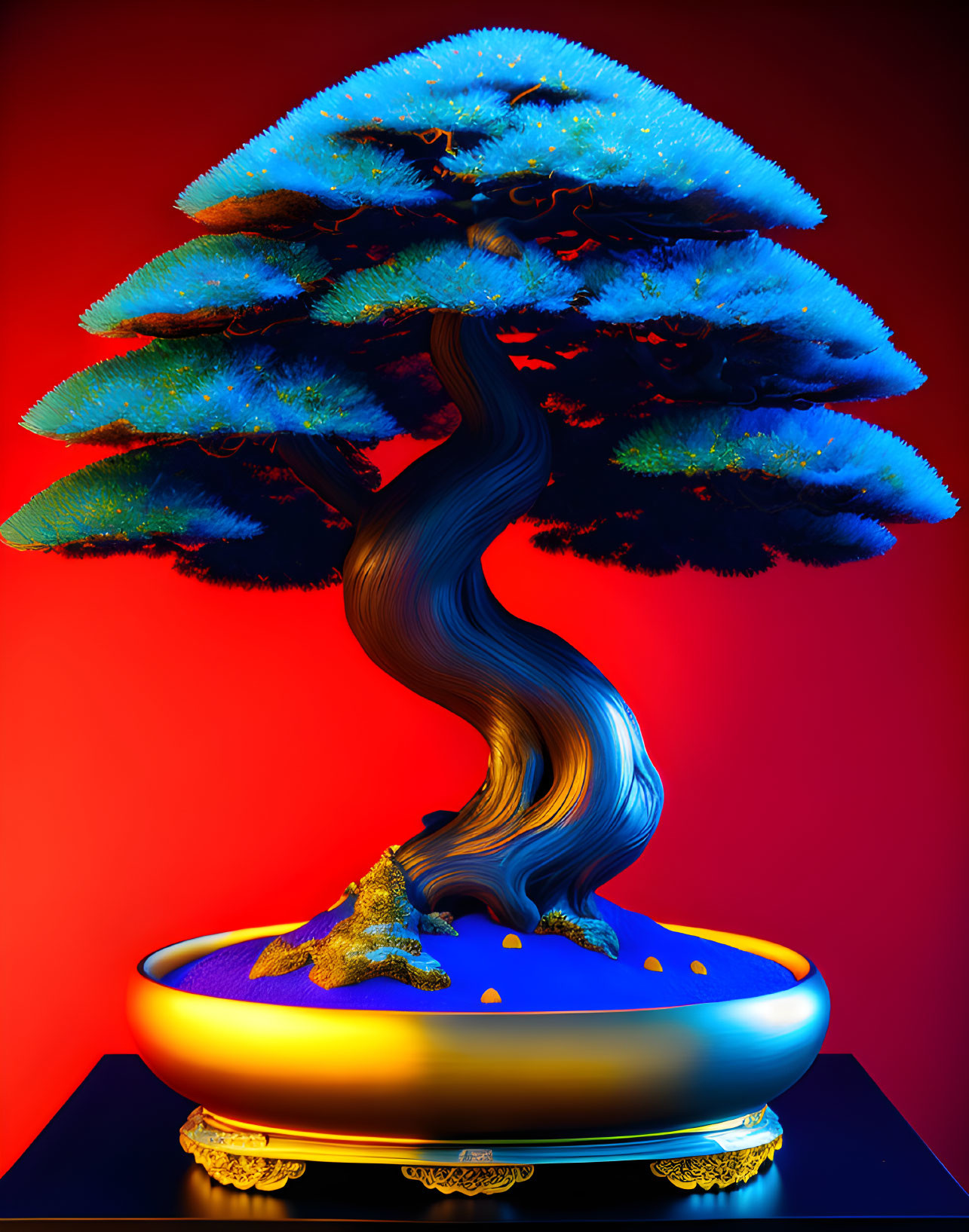 Colorful Bonsai Tree Art in Golden Pot on Red Background