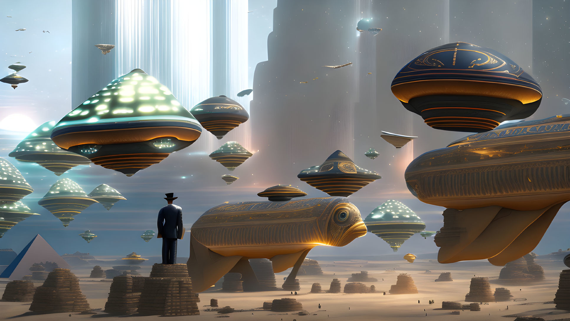 Man in suit in front of futuristic desert cityscape with floating buildings and airships.