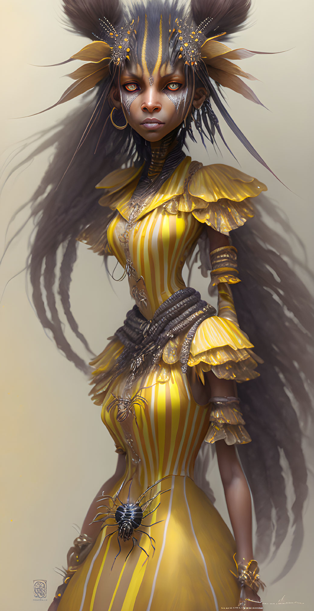 Illustrated female figure in yellow-striped dress with gold jewelry and braided hair.