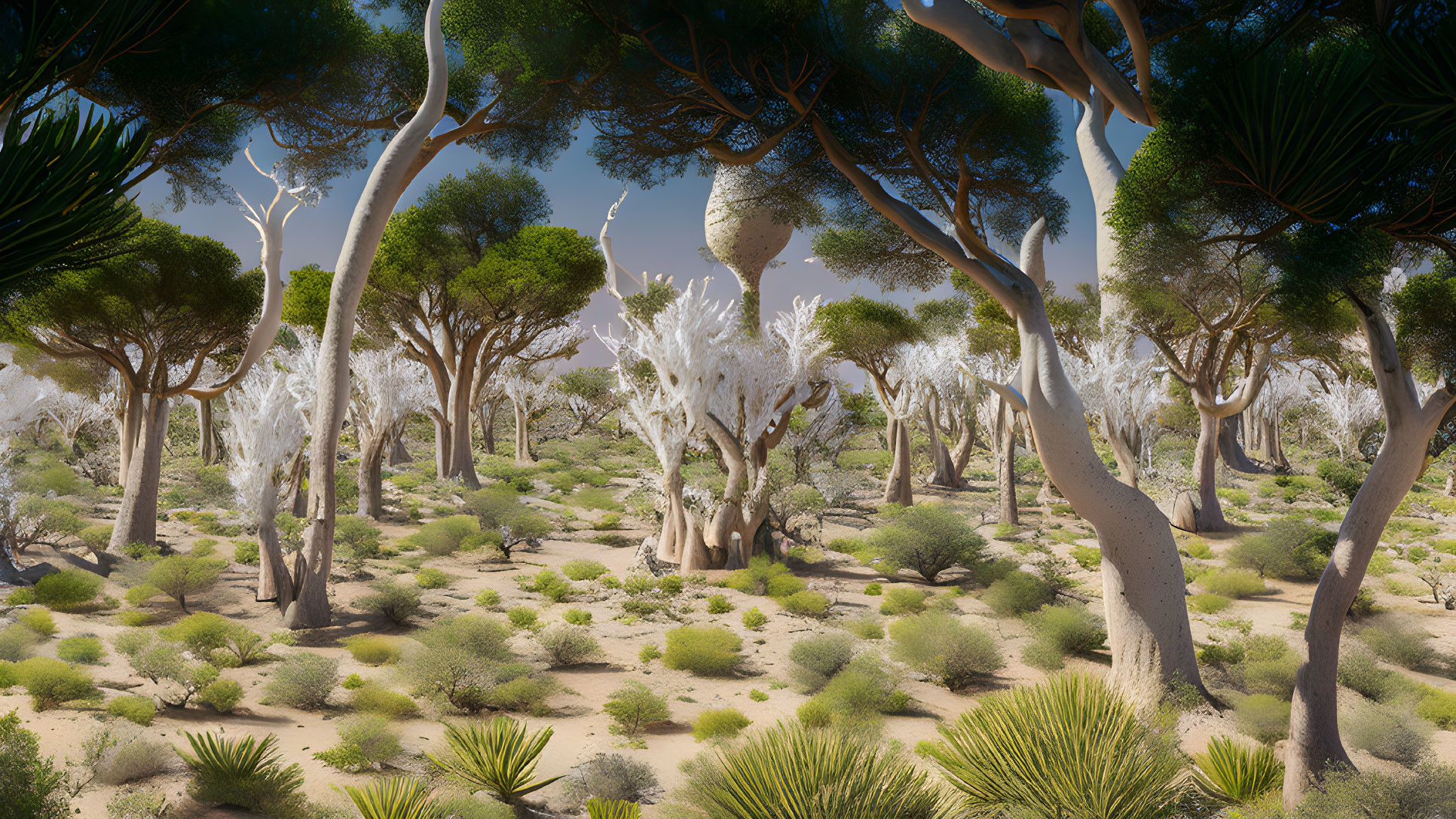 Barren desert scene with green and white trees under clear blue sky