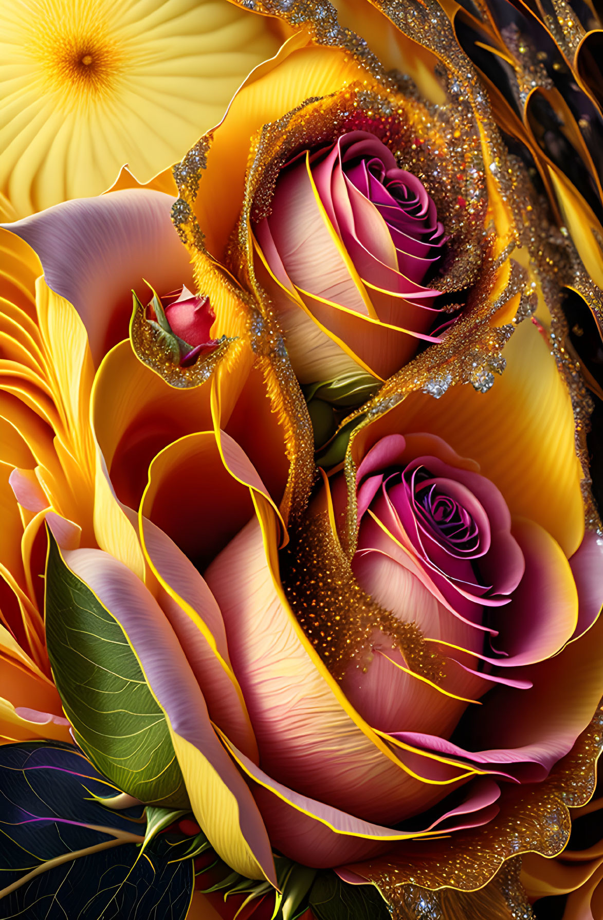 Vibrant digital art of pink and yellow stylized roses with golden leaves