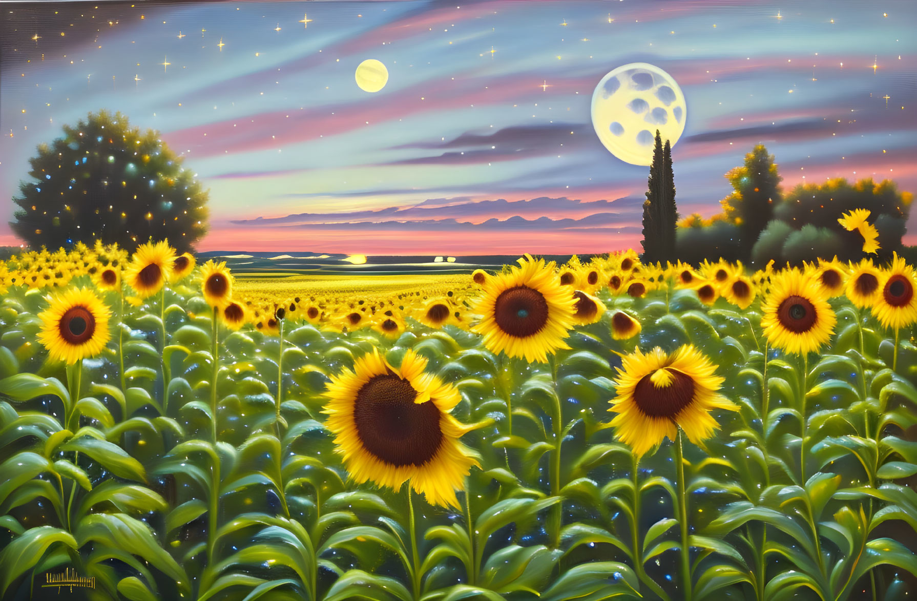 Colorful sunset sky with sunflowers and moons.