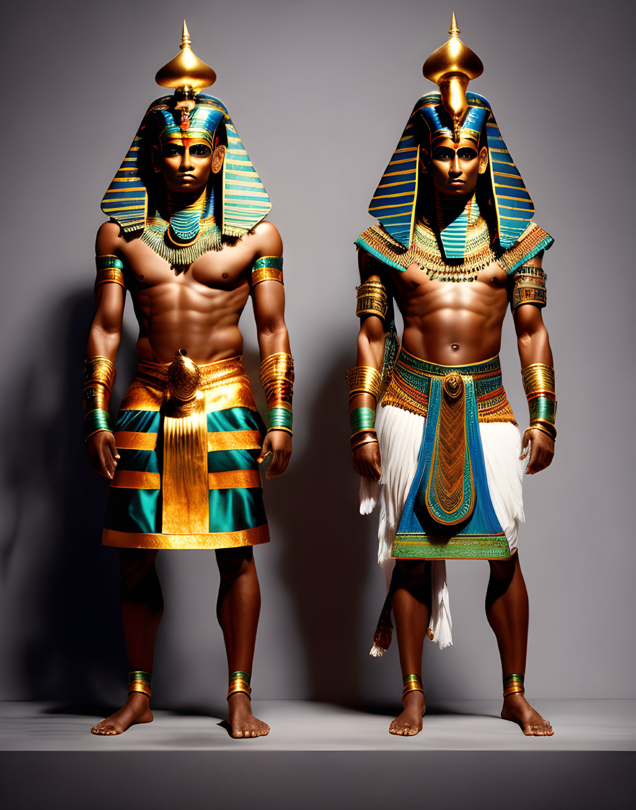 Elaborate Ancient Egyptian Pharaoh Costumes with Golden Jewelry