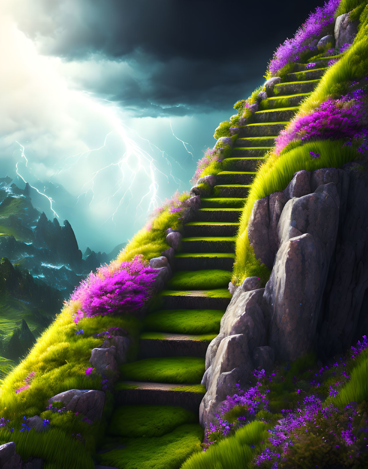 Stone Steps Surrounded by Moss and Purple Flowers Under Dramatic Sky