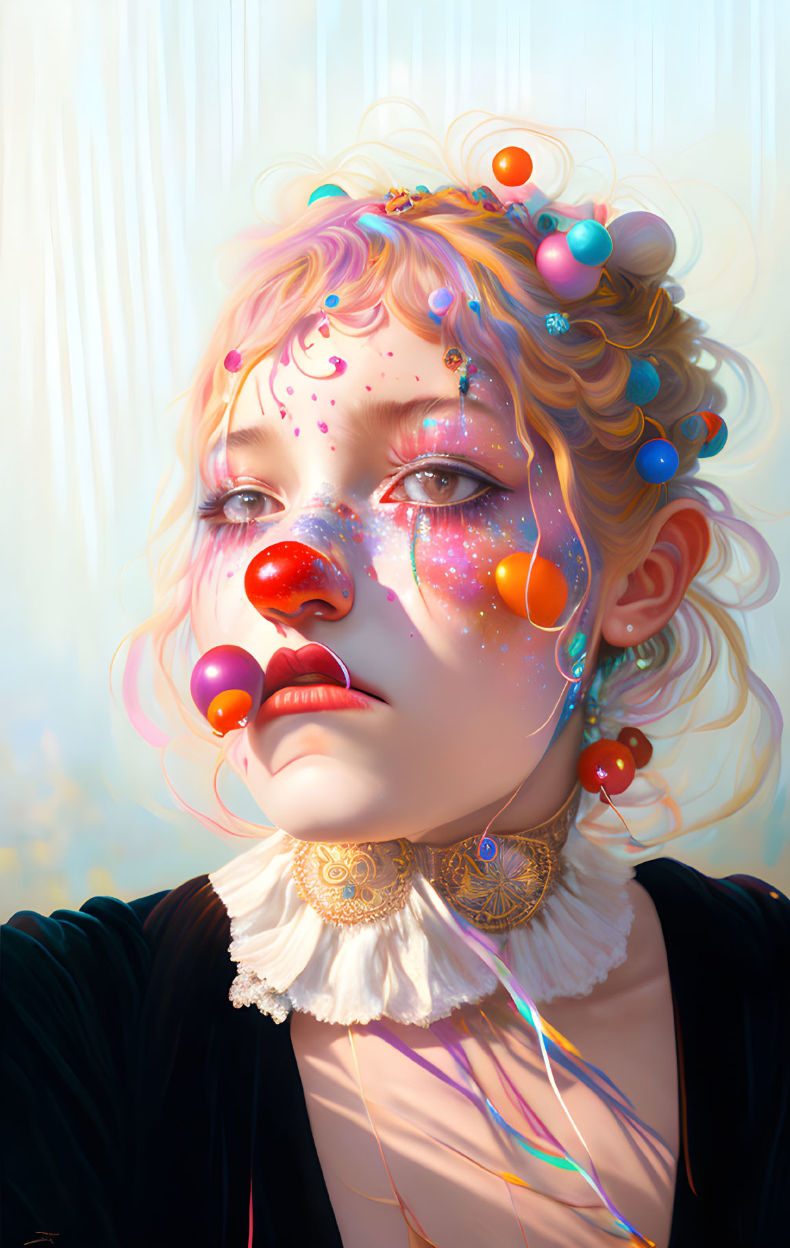 Colorful Clown Makeup Portrait with Bubbles and Sparkles