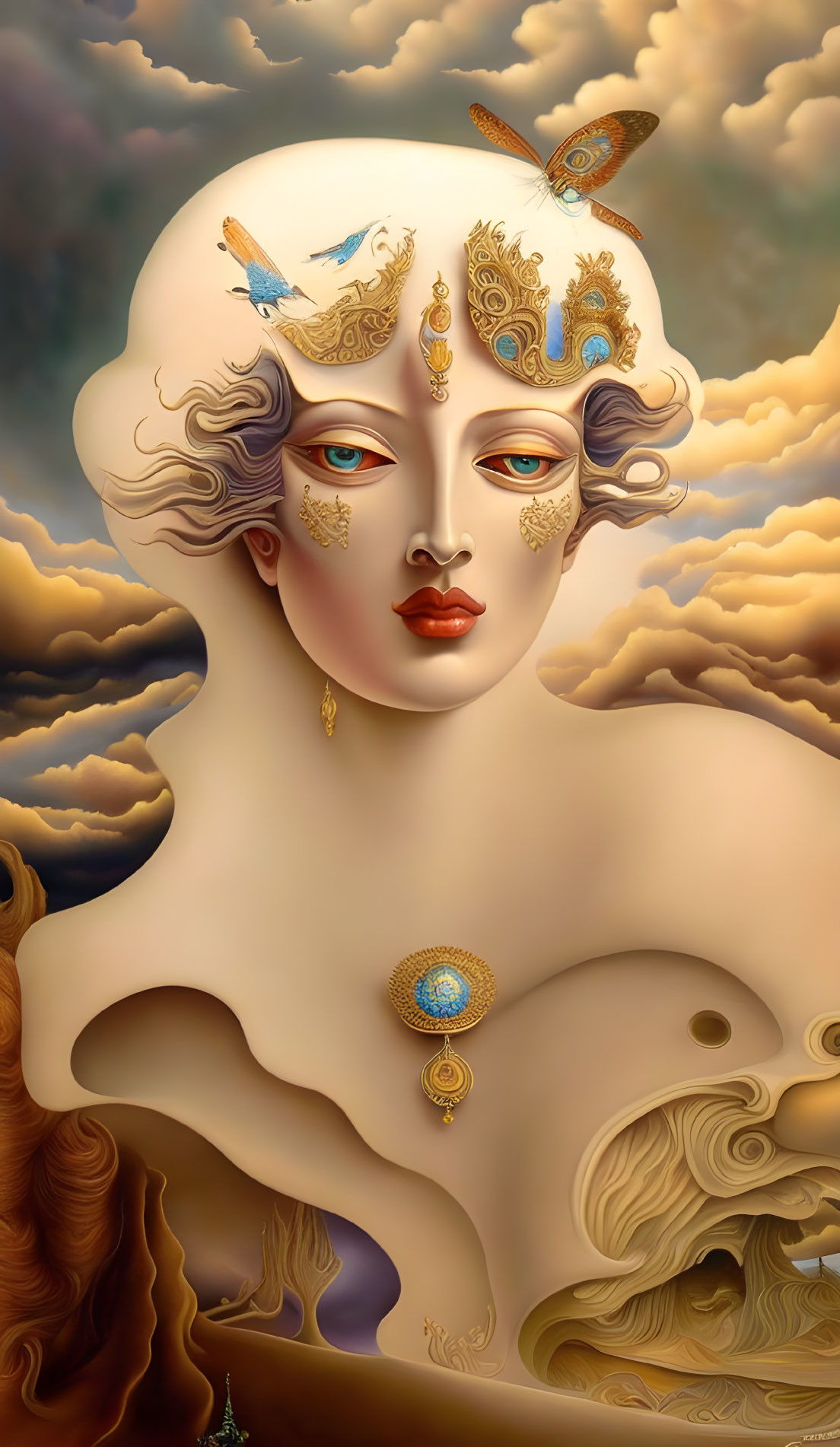 Stylized surreal portrait of a woman with ornate jewels and peacock feathers against ethereal backdrop