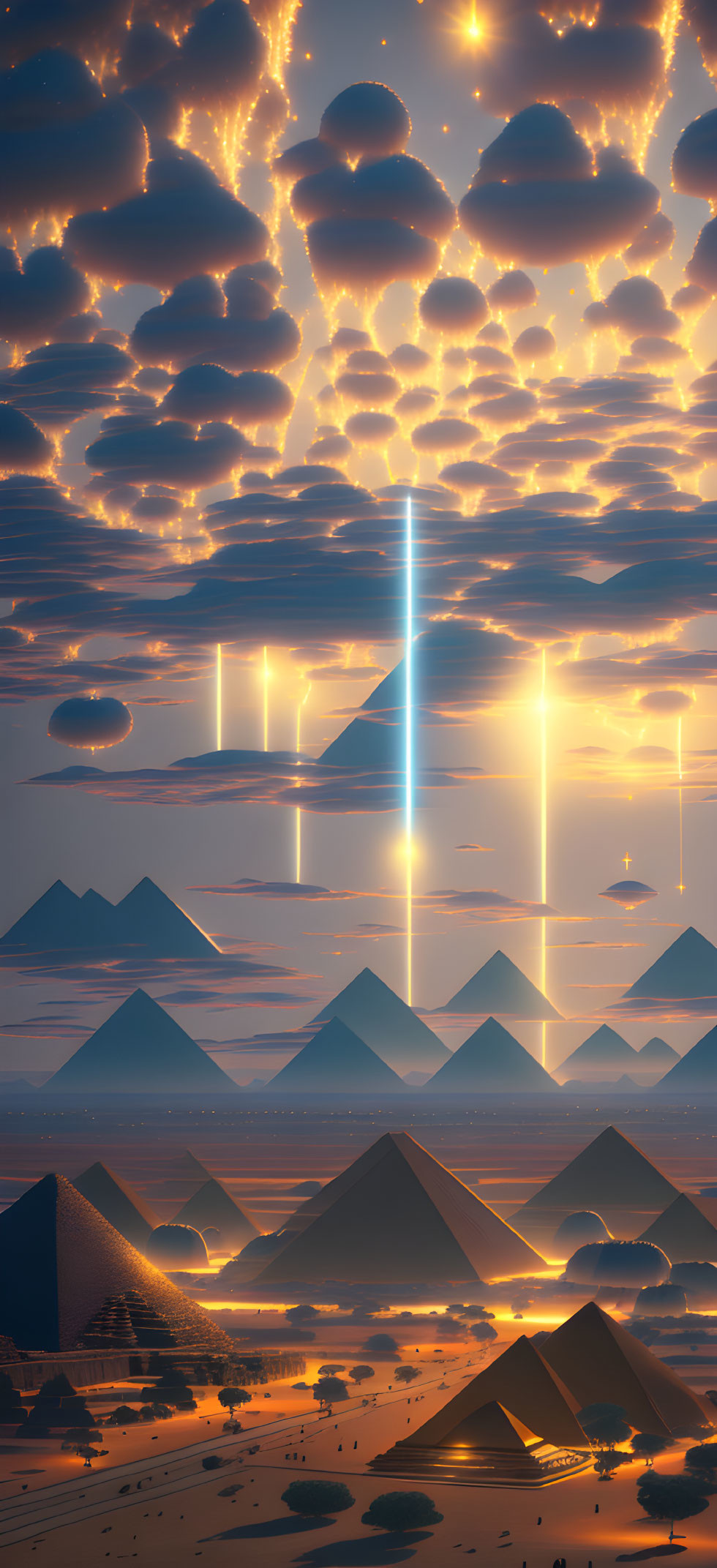 Fantastical desert landscape with pyramids under luminous sky