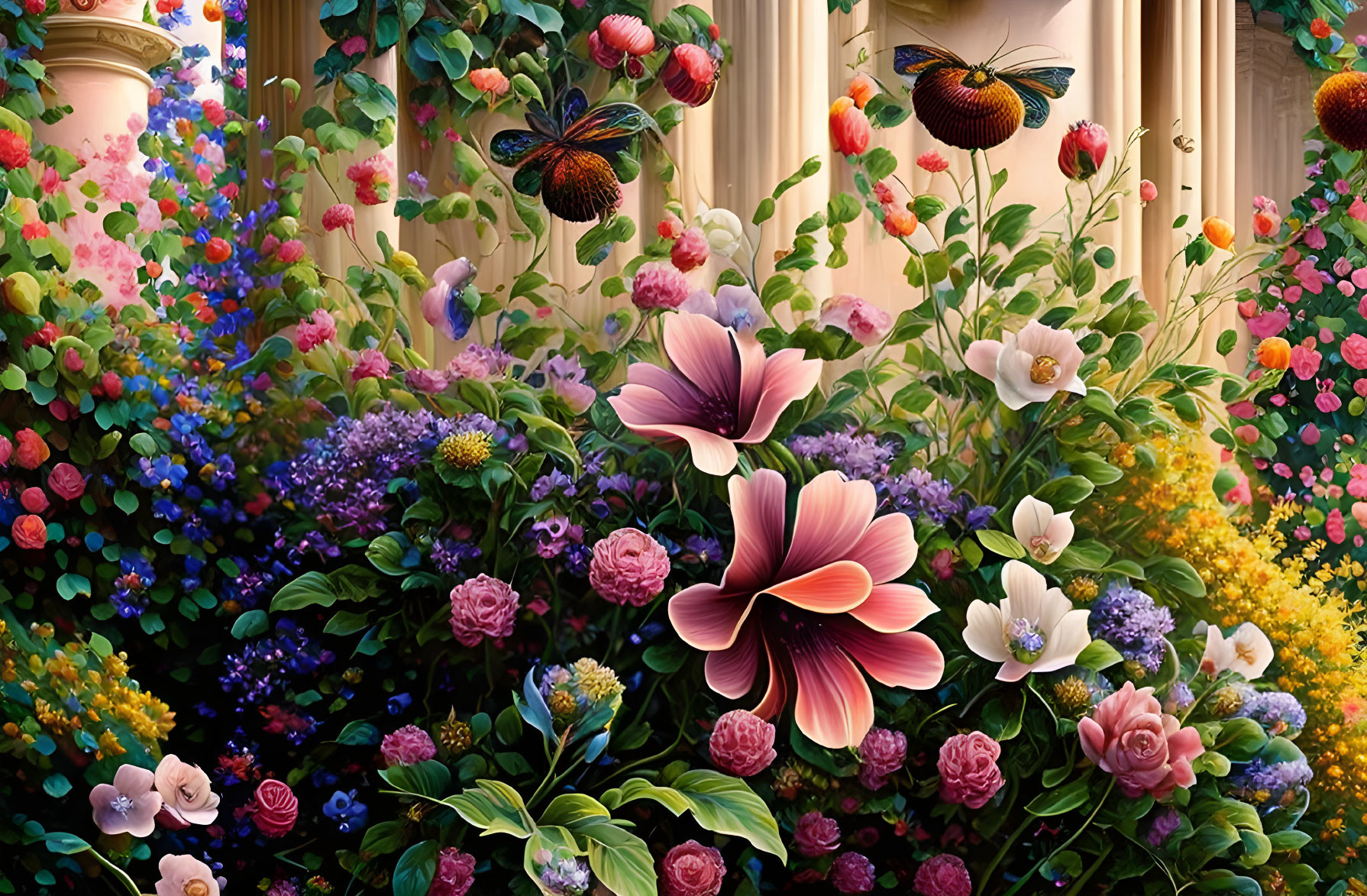 Colorful floral paradise with butterflies and golden pillars