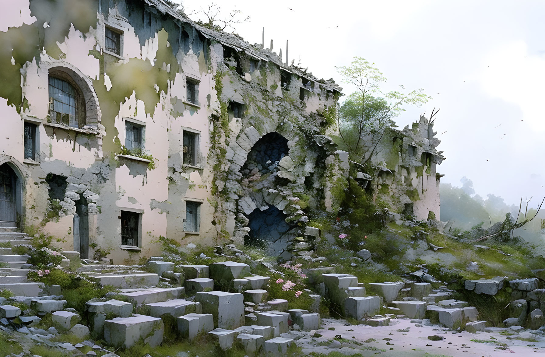 Abandoned two-story building with overgrown plants and broken walls