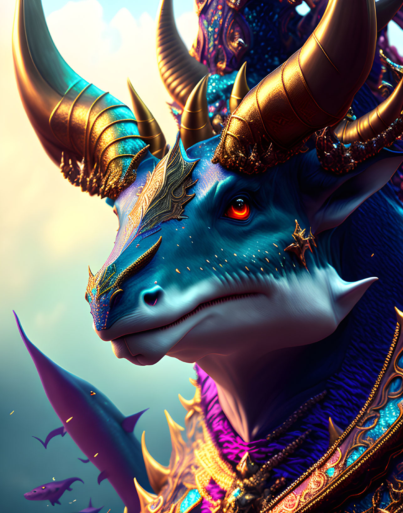 Blue dragon with horns and golden armor in a sky with flying sharks