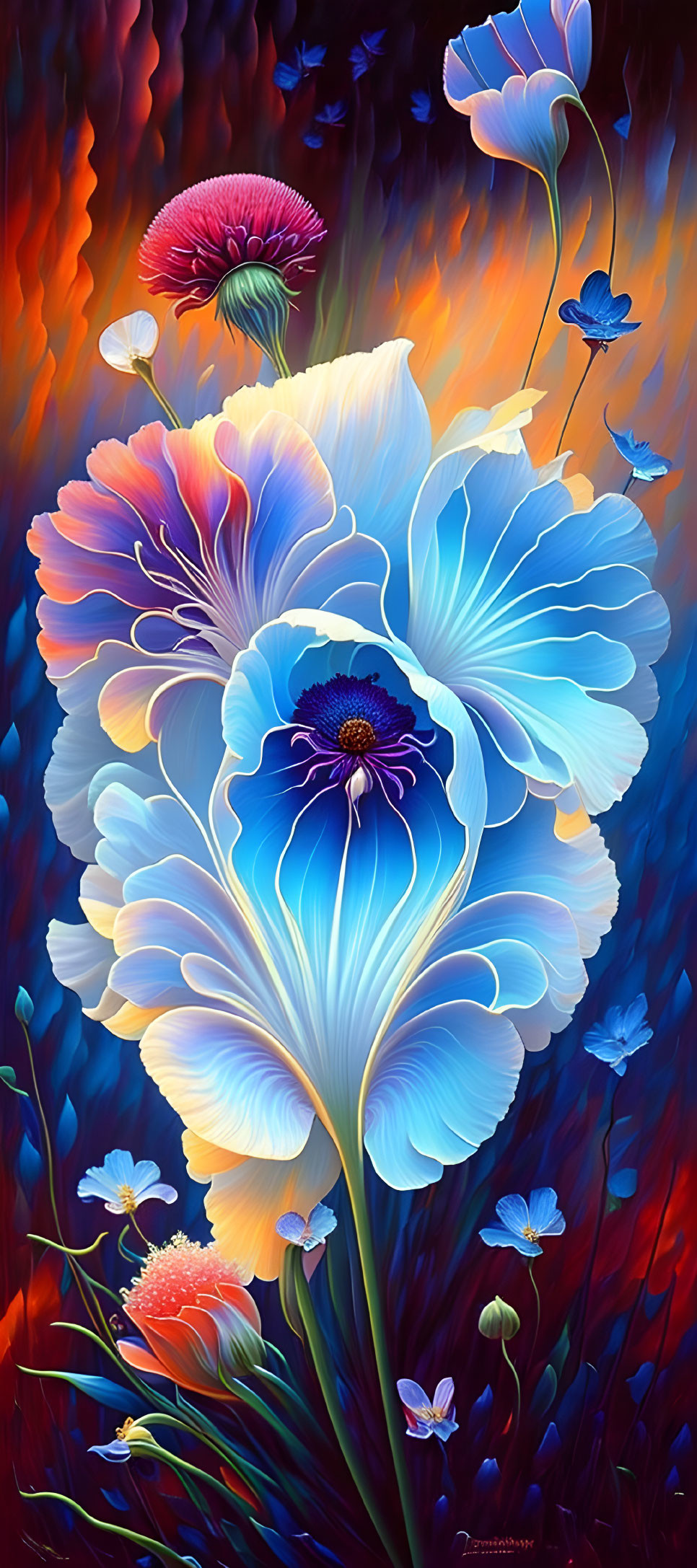 Colorful digital art: Blue flowers, diverse petals, red-orange background gradients, fluttering butterflies.