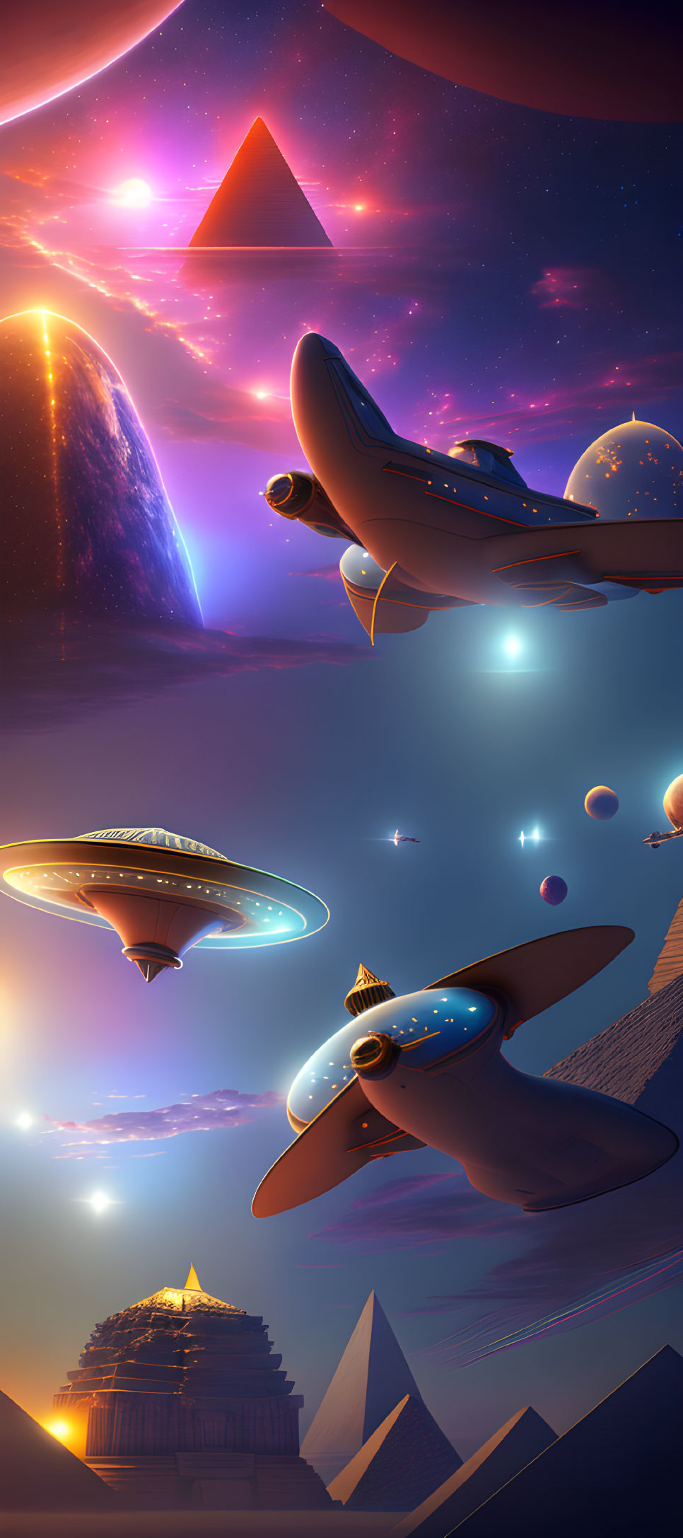 Futuristic spaceships near celestial bodies and pyramids in vibrant twilight to night colors