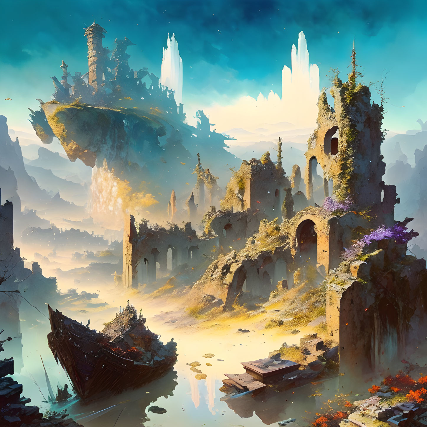 Fantastical floating island with ancient ruins and crystalline structures above dilapidated landscape