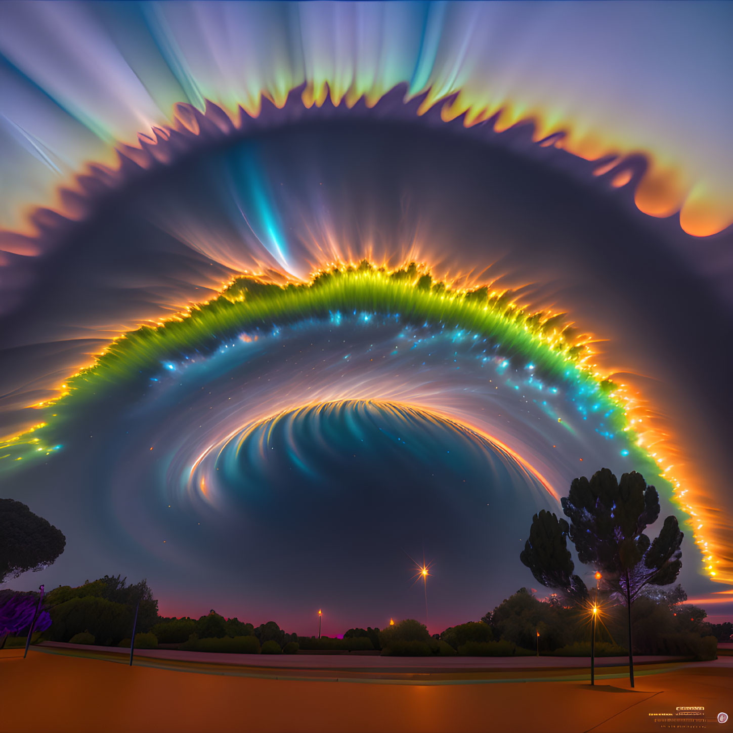 Surreal northern lights in arching formation above serene landscape