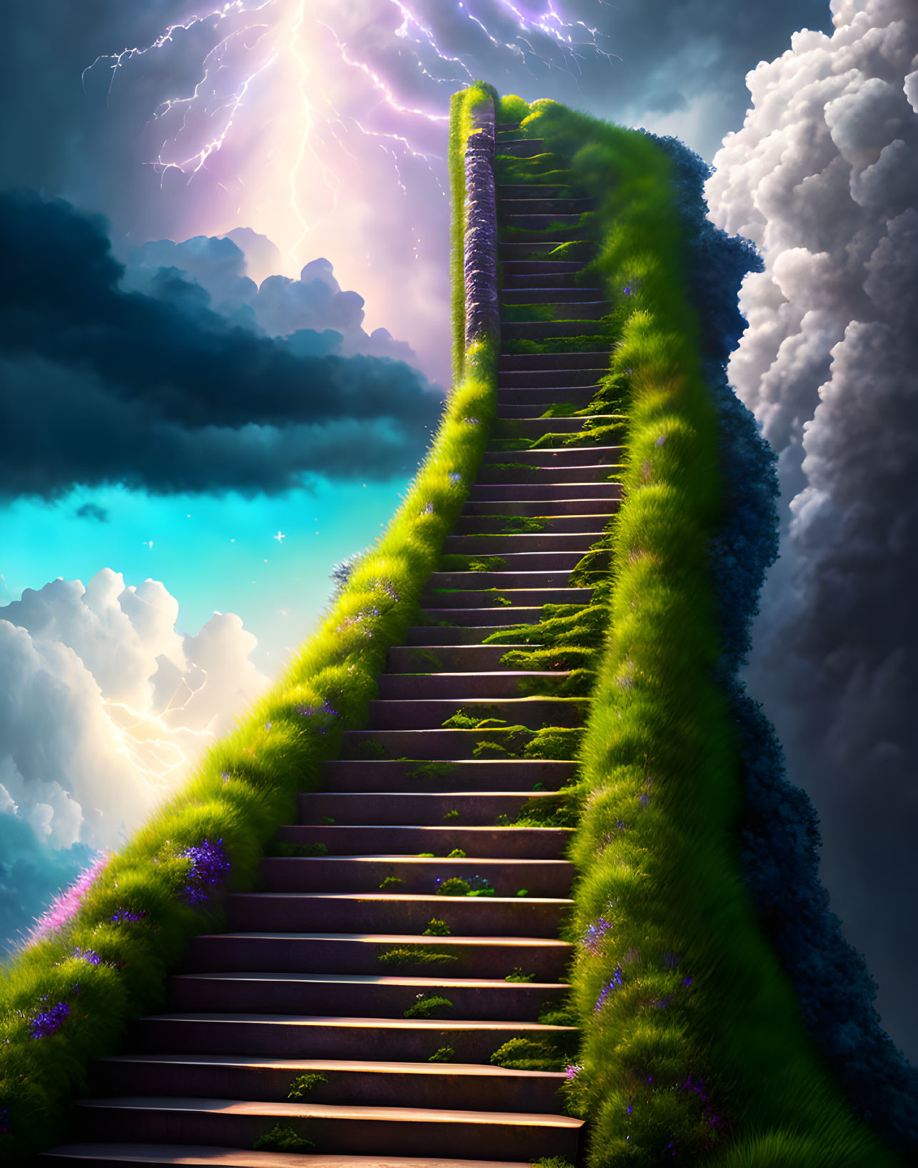 Fantastical image of green staircase under stormy sky