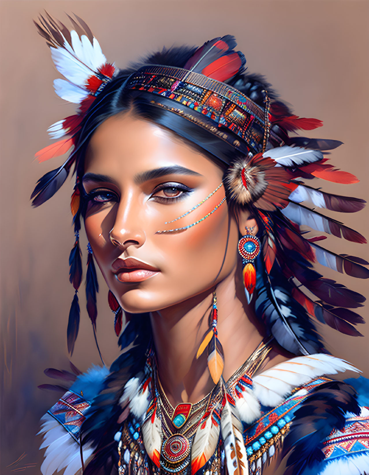 Digital art portrait featuring woman with feathered headdress and face paint