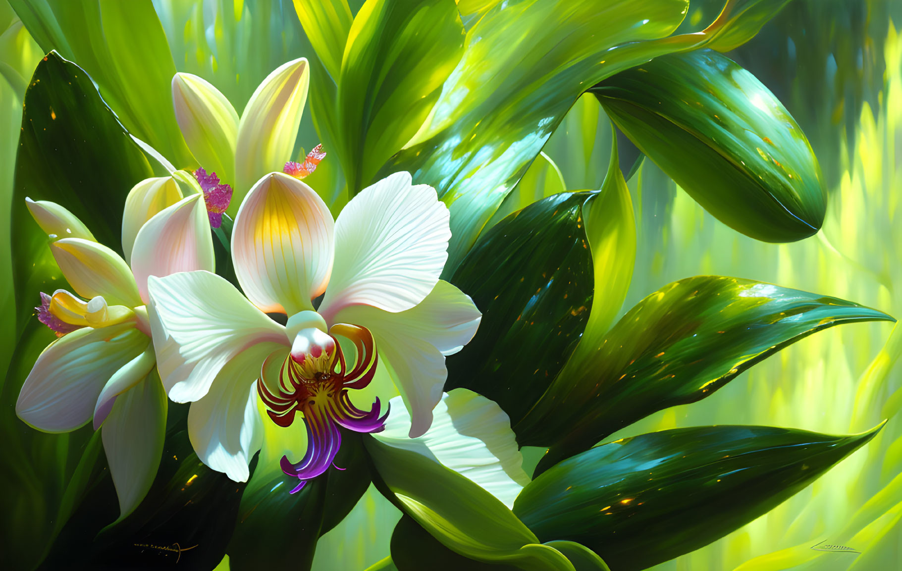 Detailed White and Yellow Orchid Digital Art with Green Leaves