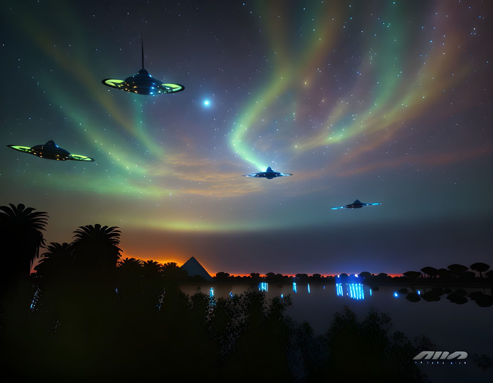 Digital art: UFOs over Egyptian pyramids, river, palm trees, colorful aurora