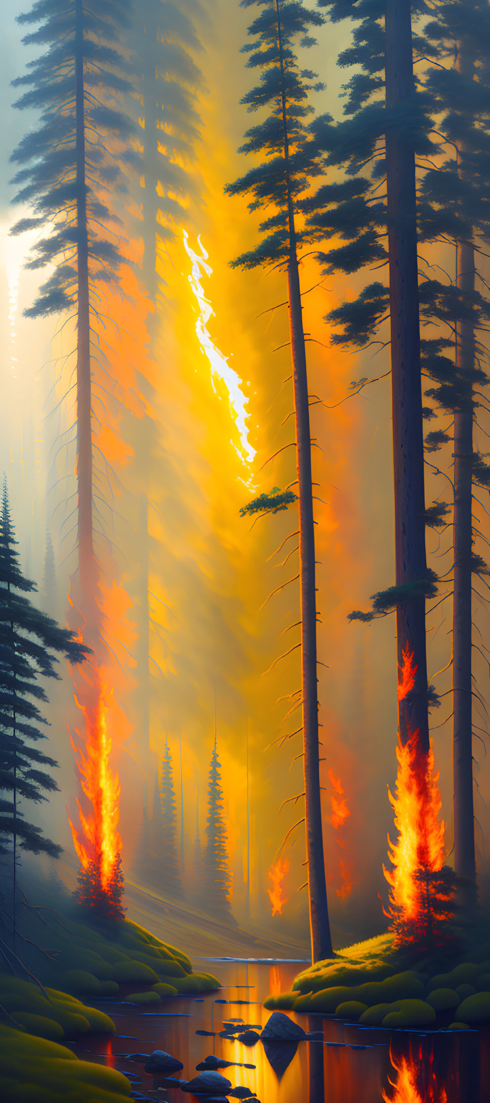 Tranquil forest river with mysterious spreading fire under amber sky