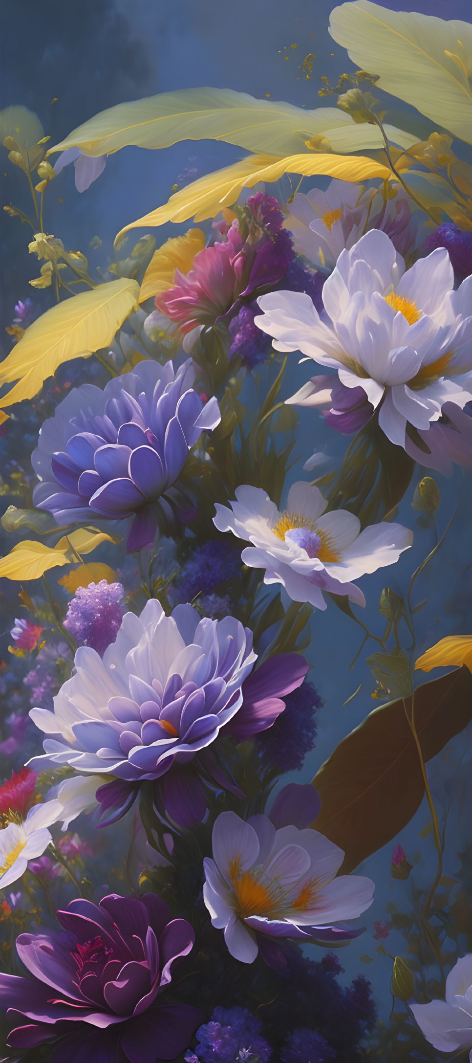 Colorful digital artwork: purple, white, and pink flowers on blue background