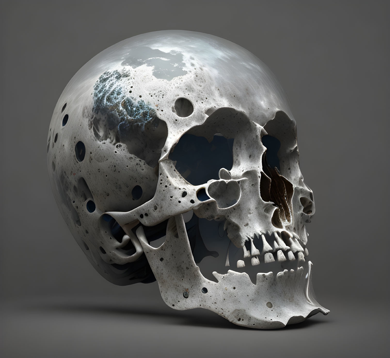 Digital artwork: Human skull with Earth's surface and craters as moon.