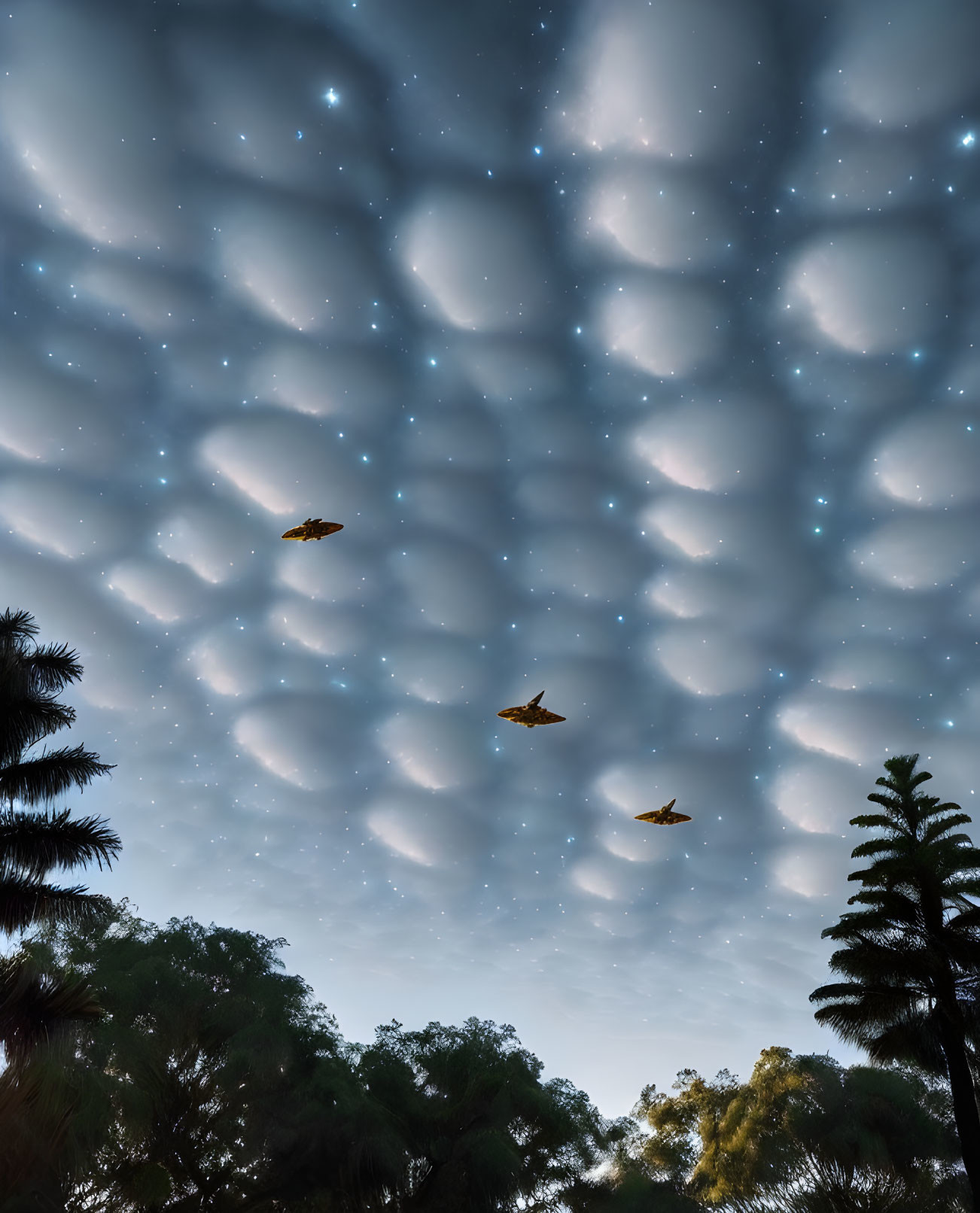 Unique Cloud Formation and Stars Over Silhouetted Palm Trees with Flying Birds