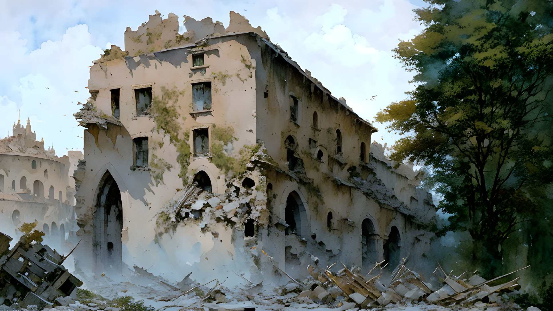 Digital painting of abandoned building in decay among trees