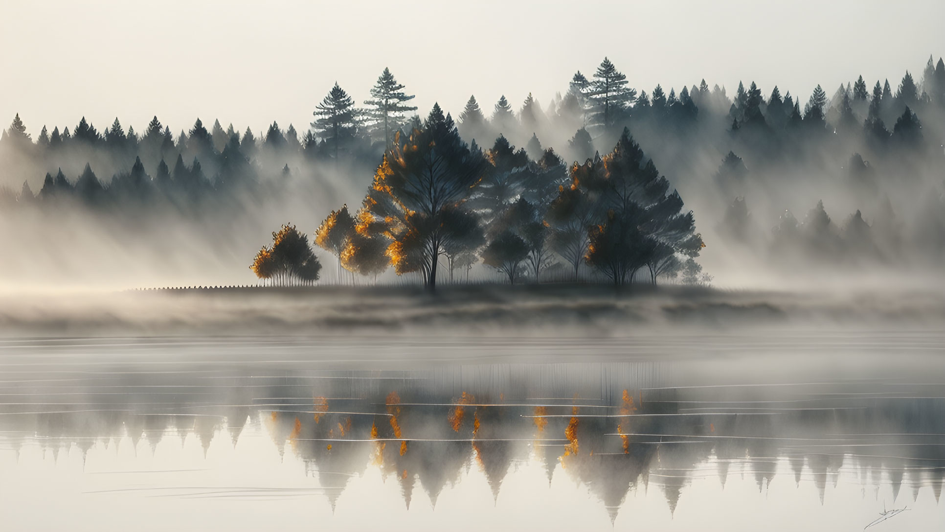 Tranquil lake with mist, silhouetted trees, and golden sunlight.