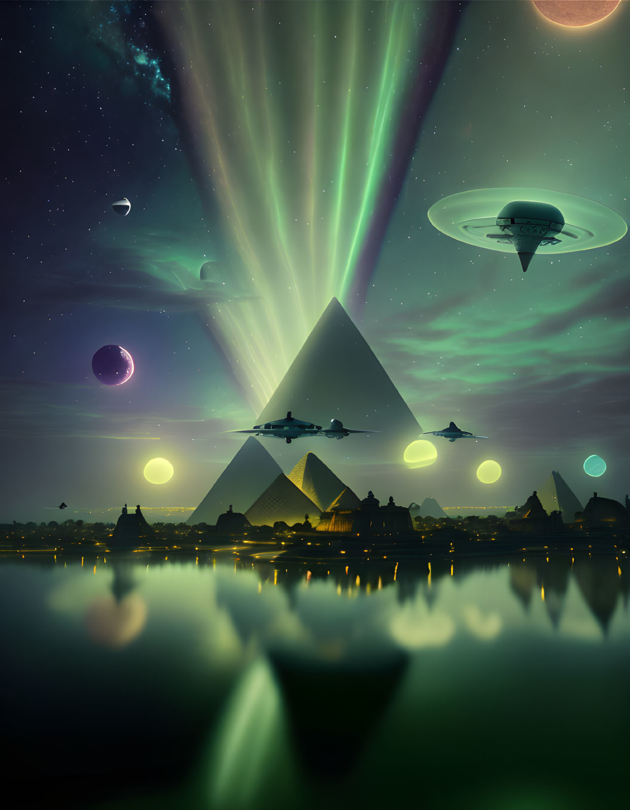 Surreal night sky with pyramids, northern lights, planets, and UFOs reflected in water