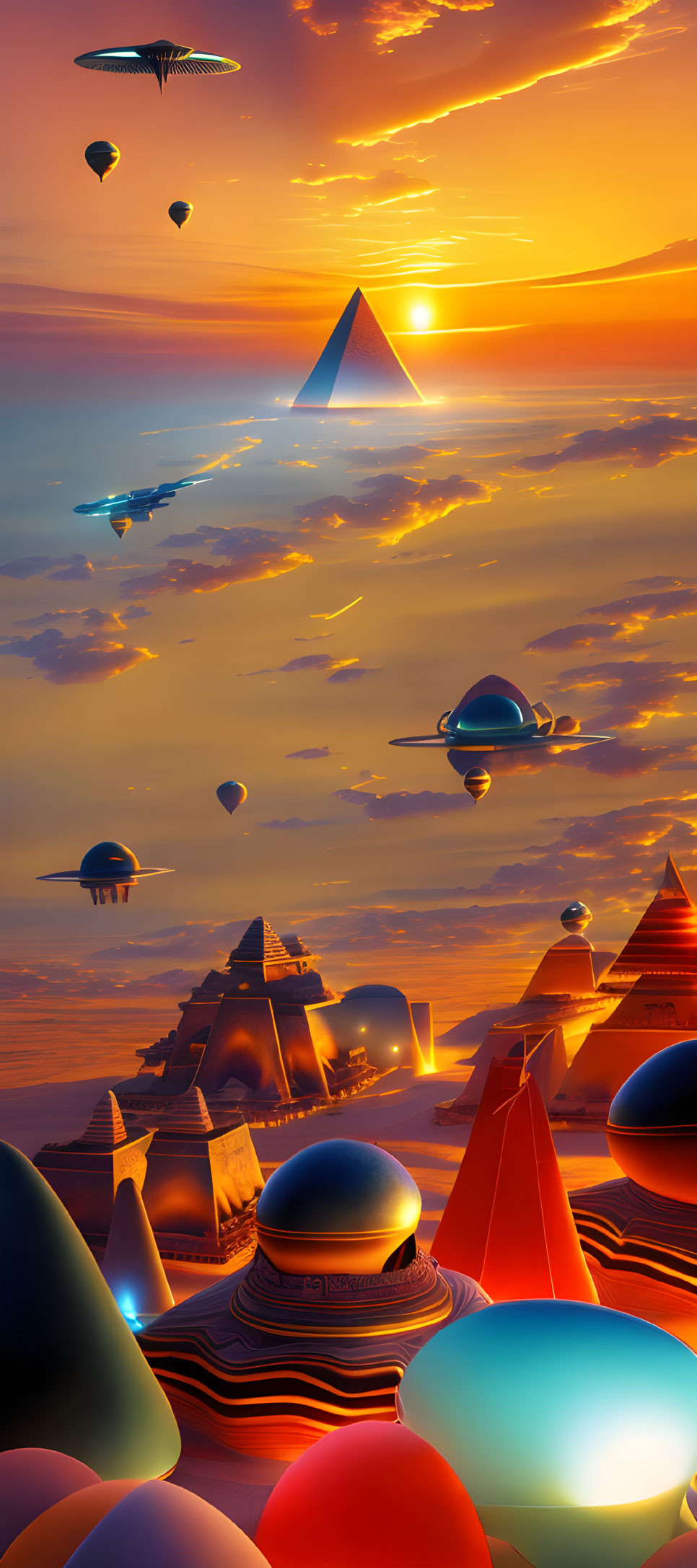 Futuristic Egyptian sunset with pyramids, spheres, and flying saucers