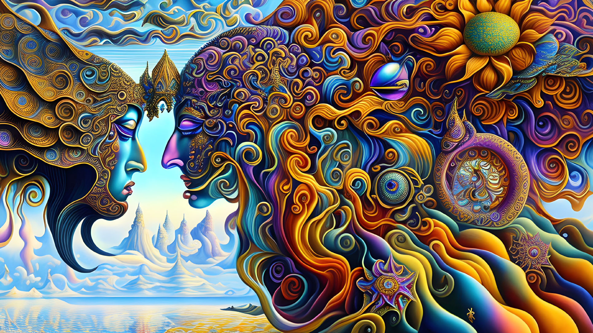 Vibrant psychedelic art: intricate faces with cosmic elements on icy landscape