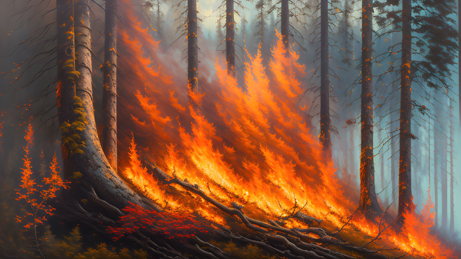 Intense forest fire scene with engulfed trees and glowing embers