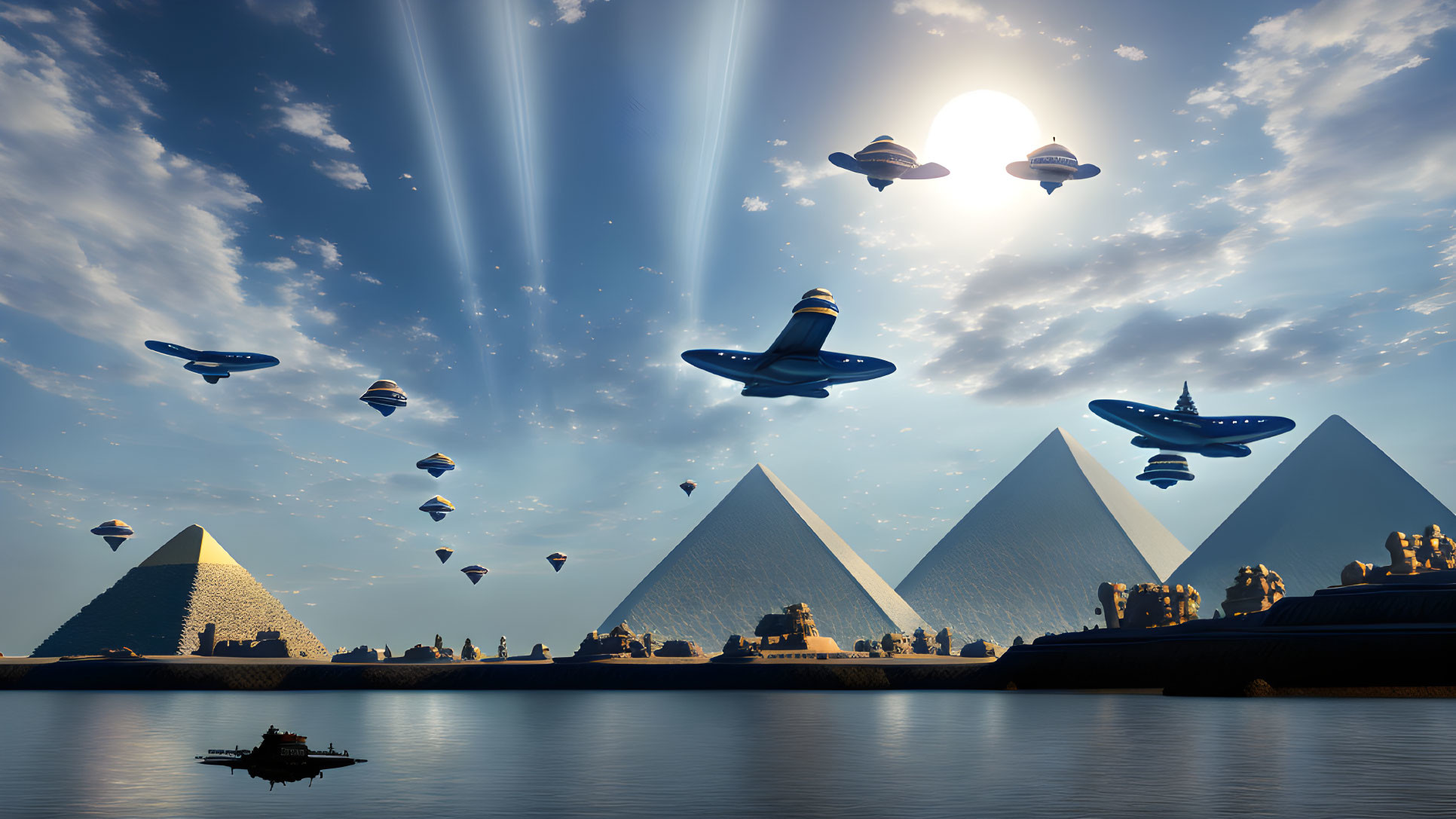 Futuristic spacecraft over Egyptian pyramids by river under sunlit sky