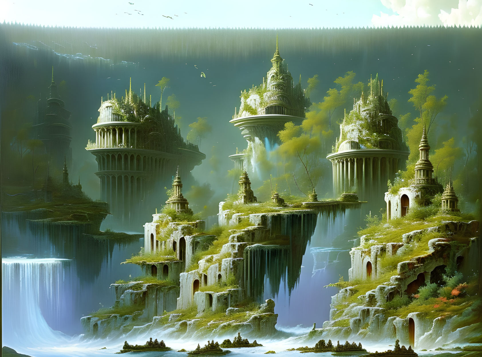 Fantasy landscape with waterfalls, floating islands, and lush greenery