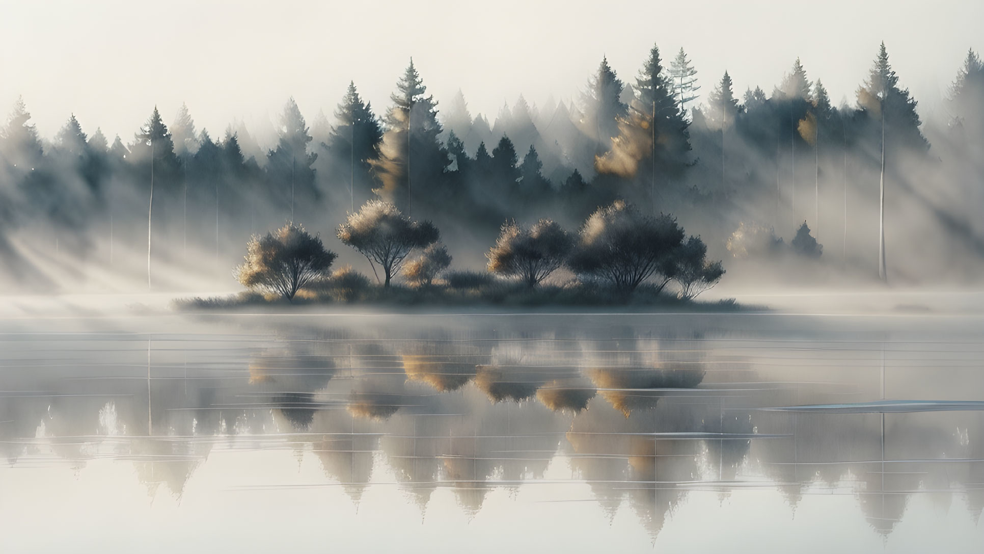 Tranquil misty forest scene with morning light on lake