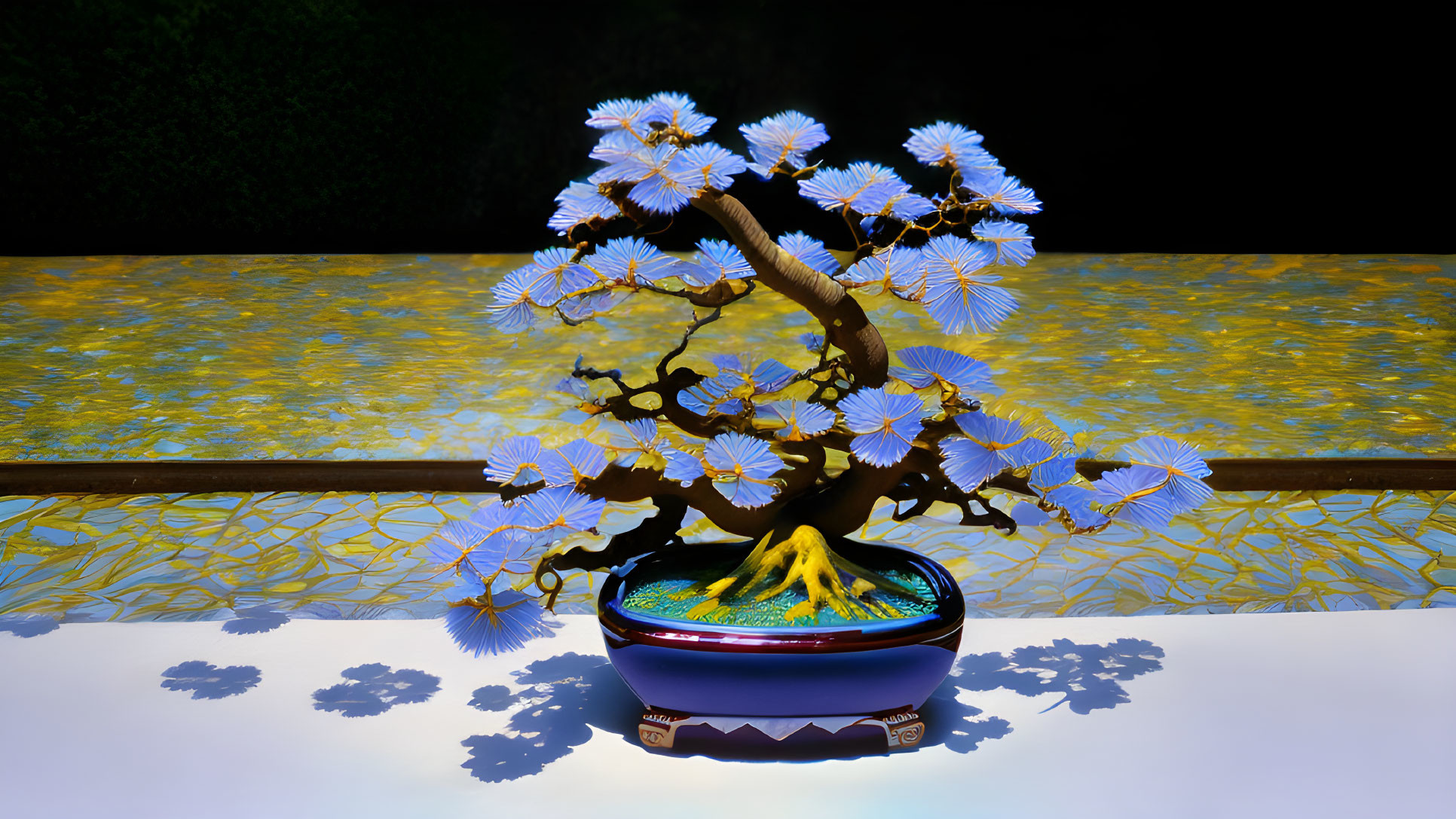 Artificial bonsai tree with blue flowers on yellow backdrop