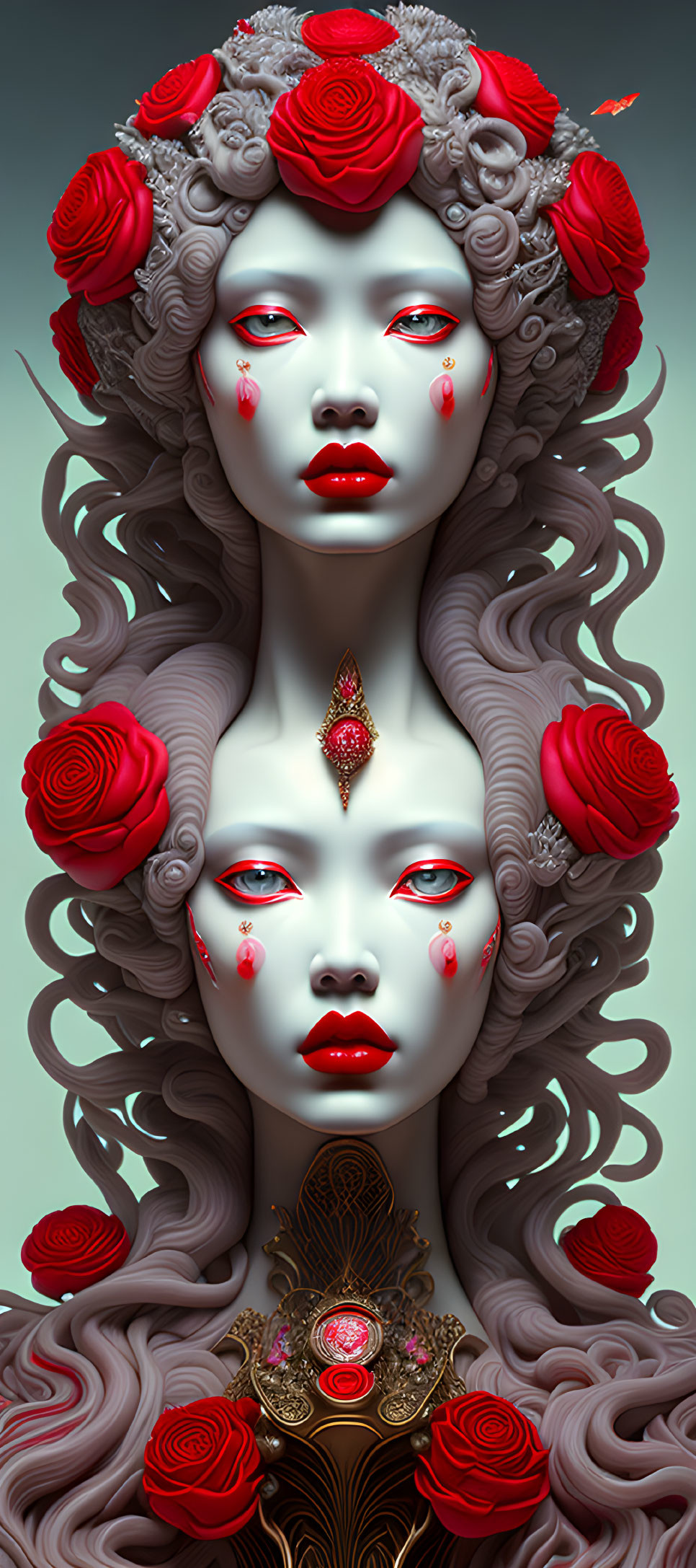 Pale-skinned woman adorned with red roses and ornate jewelry in a surreal portrait.