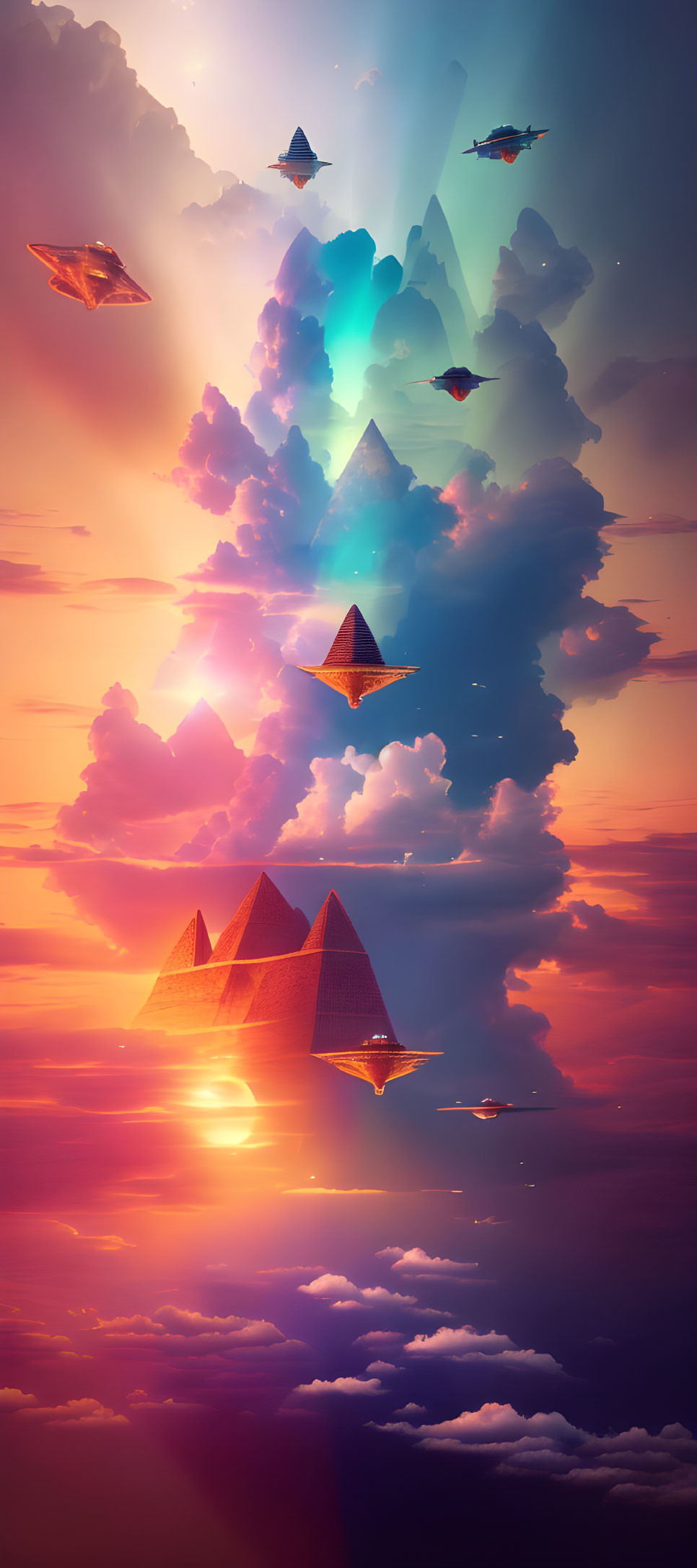 Floating pyramids and futuristic vehicles in surreal sky scene