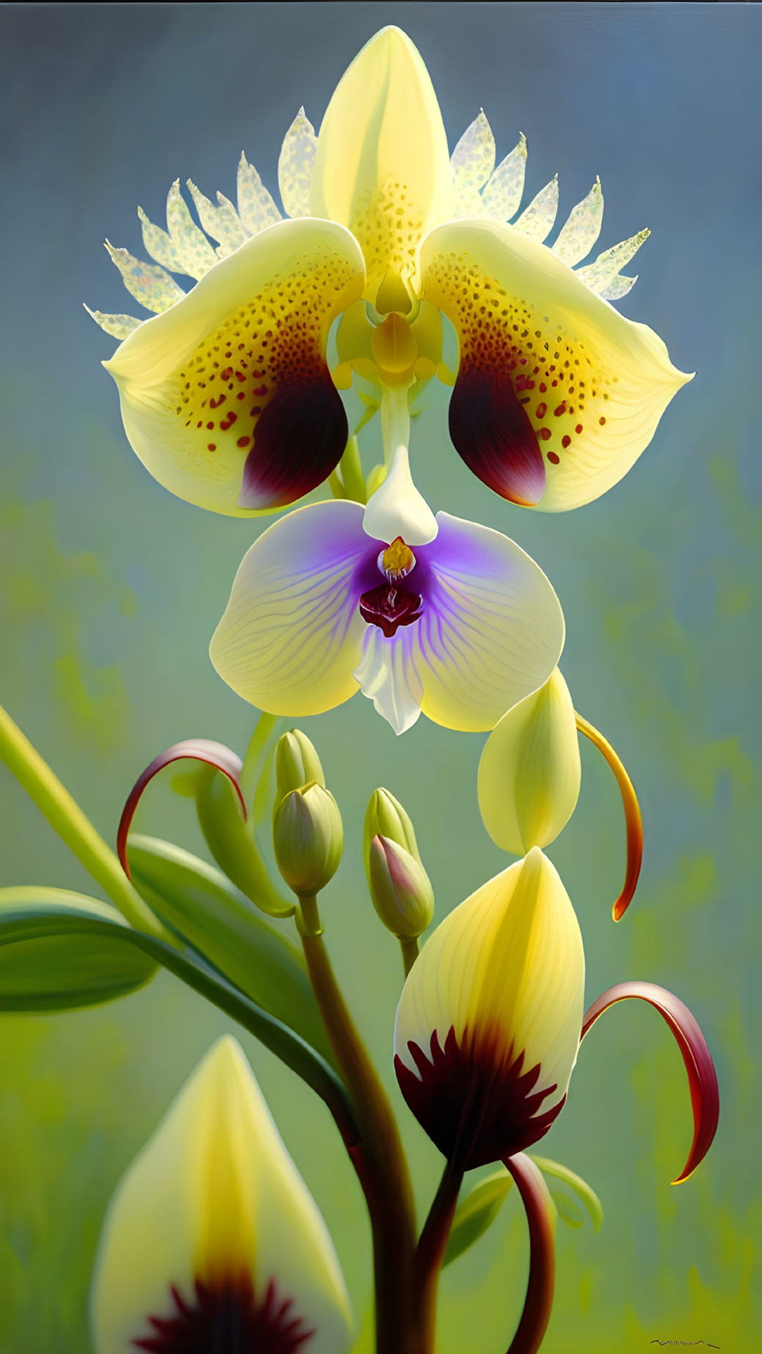 Colorful Orchid Illustration with Yellow, Red Speckles, Purple & White Center