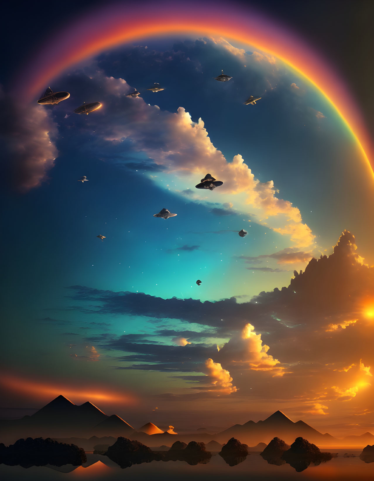 Large rainbow over futuristic sky with floating islands and ships above serene mountain landscape at dusk