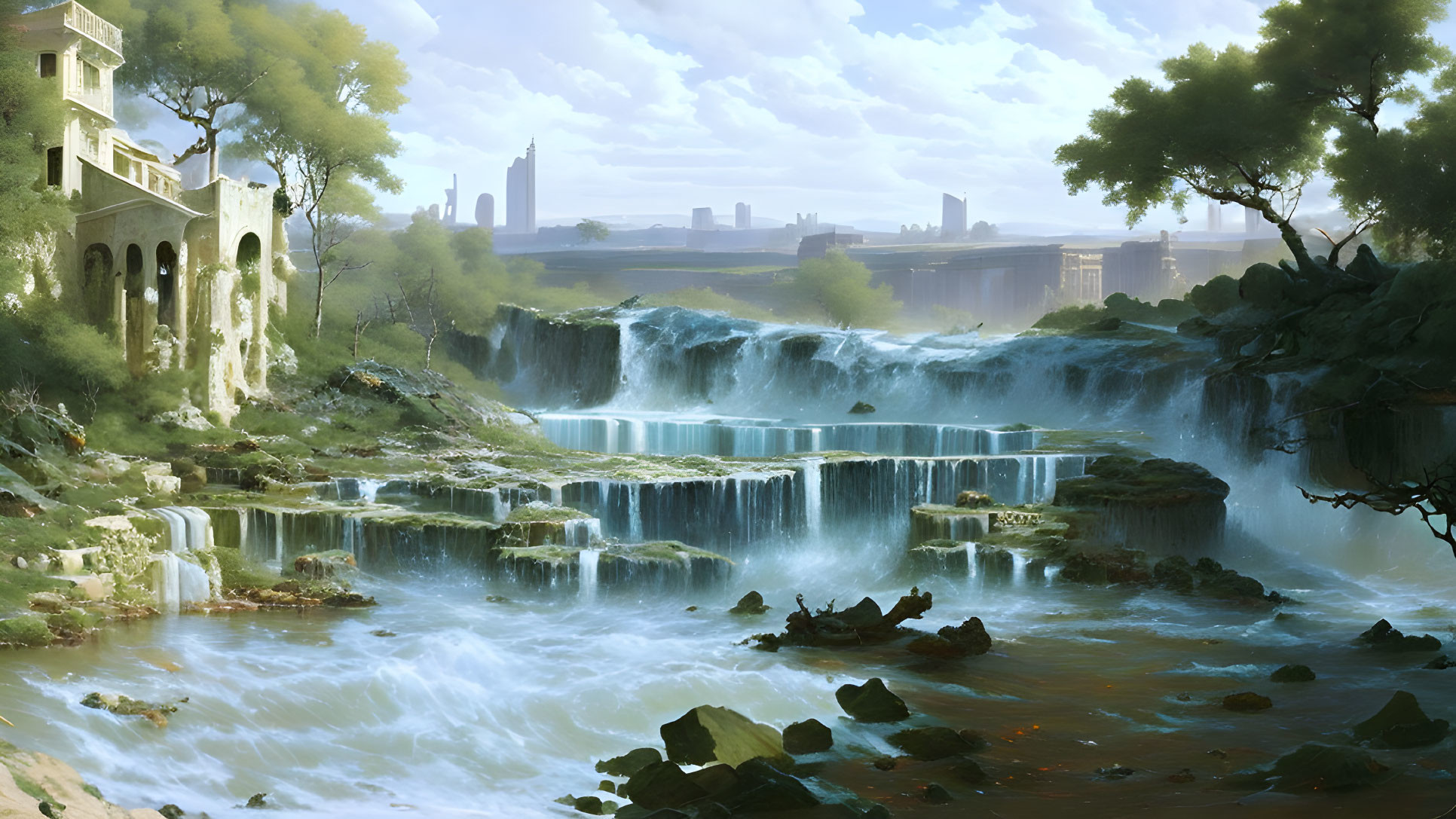 Tranquil landscape with waterfalls, ruins, greenery, and city skyline