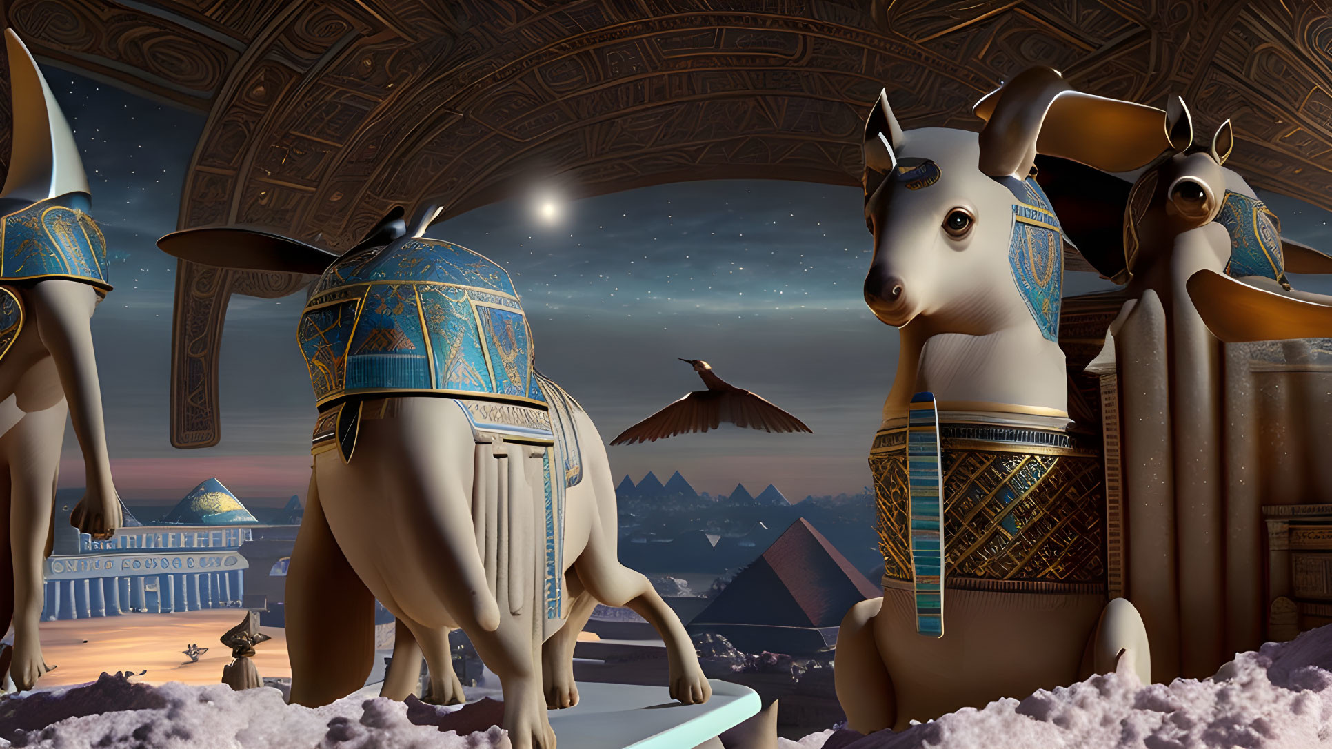 Ancient Egyptian temple interior with Anubis statues, bird, pyramids, and starry sky