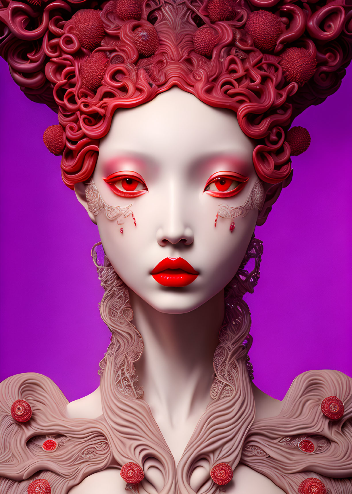 Surreal portrait of figure with pale skin and red eyes